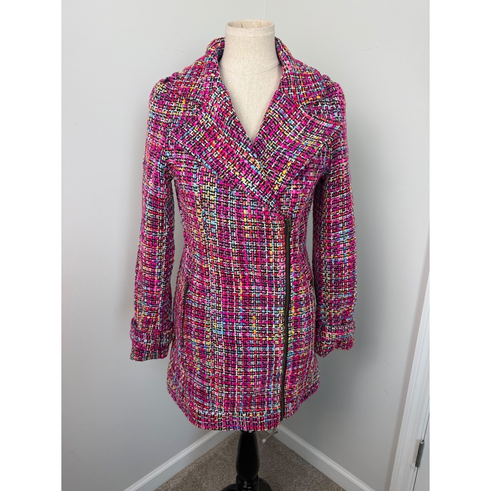 MINKPINK Multicolor Tweed Moto Coat Women's S Asymmetrical Zip Pink